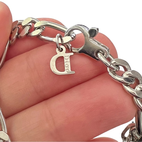 AUTH VTG Christian Dior Silver Figaro Chain Link Large Logo Charm Bracelet - Picture 14 of 16